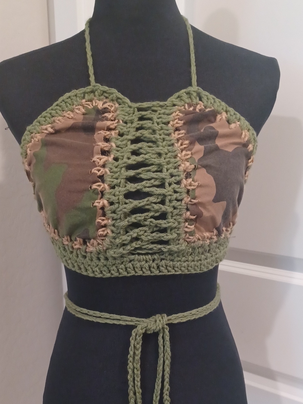 Olive Green Crochet Halter Crop Top with Camo Panels